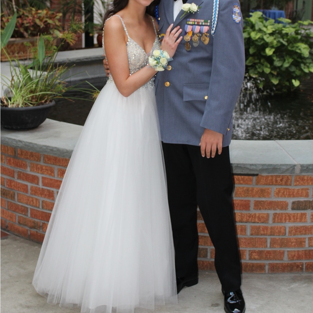 JVN by Jovani White Beaded Prom Dress